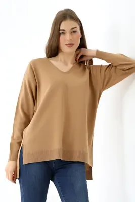 Devinka Kadın V Yaka Uzun Kollu İnce Dokuma Oversize Yırtmaçlı Triko Kazak Açık Kahve