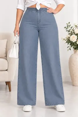 CEDY DENIM Büyük Beden Likralı Kumaş Cepsiz Beli Lastikli Palazzo Pantolon C642-Buz Mavi