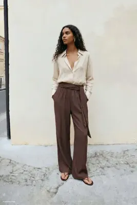 Sateen Kuşaklı Pantolon - Kahve