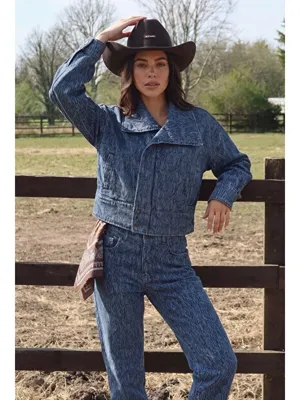 it's basic Kadın Mavi 9w6-197 Crop Kruvaze Özel Kumaş Tasarım Denim Ceket
