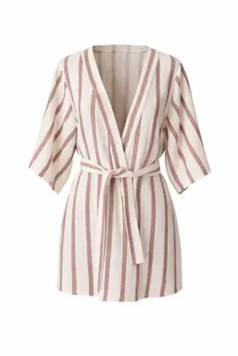 Eight Fashion Kadın Çok Renkli Çizgili Kuşaklı Pamuk Kısa Kimono & Kaftan Sabahlık