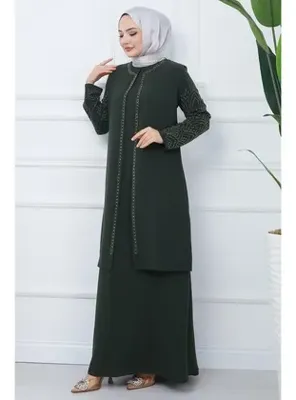 hafsamina Kolları Taşlı Büyük Beden Anne Elbisesi Haki HM2349