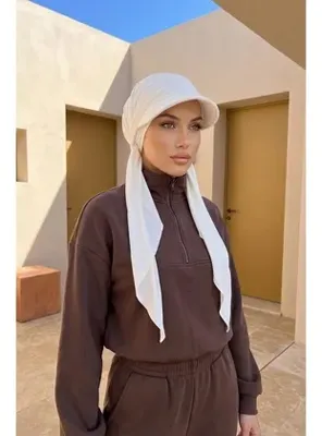 Aisha's Design Çıkarılabilir, Ayarlanabilir Siperlikli Kaymaz Pratik Penye Şal,SPS-2 Krem