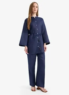 Defacto %100 Keten Straight Fit Beli Lastikli Cepli Pantolon