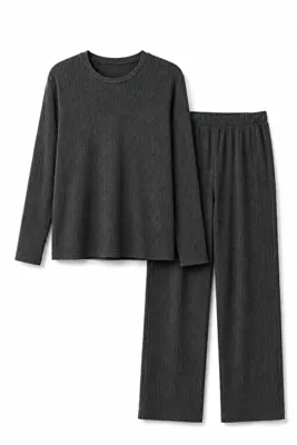 FEG STORE %100 Pamuk Antrasit Yumuşak Dokulu Fitilli Uzun Kollu Kadın Pijama Takımı