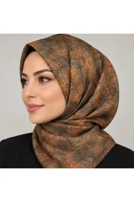 Zer Scarf Eşarp Kadın Taba Kiremit Desenli İpek Hissiyatlı Eşarp