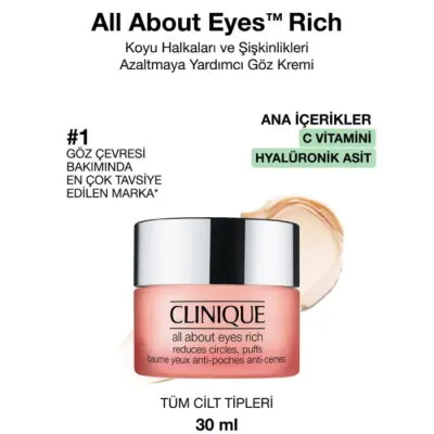 Clinique All About Eyes Rich Yoğun Göz Kremi - Şişlik ve Koyu Halkalara Karşı Etkili Nemlendirici, 30 ml