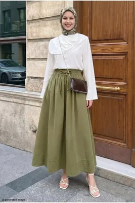 InStyle Modal Nervürlü Cepli Haki Etek