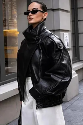Helen Goods Yeni Sezon Kadın ZRA Oversize Dik Yaka Deri Ceket