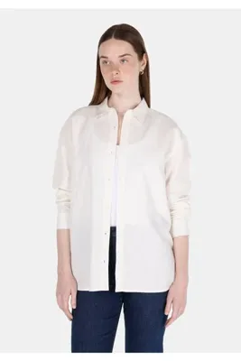 Colins Relaxed Fit Shirt Neck Düz Kadın Beyaz Uzun Kol Gömlek
