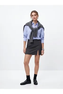 LTB Slim Fit Yırtmaçlı Mini Gri Etek