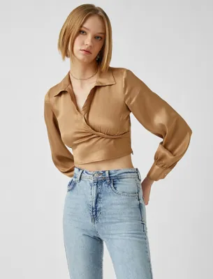 Koton V Yaka Uzun Kollu Crop Bluz