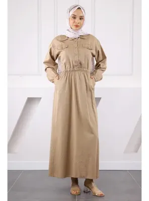 İmaj Butik Taş Bel Lastikli Cepli Gabardin Elbise