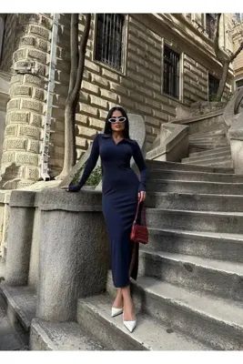 MAESTRO WOMAN Kadın Lacivert Polo Yaka Yan Yırtmaçlı Esnek Uzun Kollu Elbise