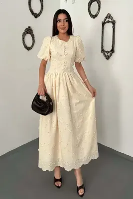 End Black Store Bej Brode Balon Kollu Büzgülü Elbise