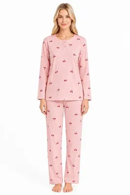 Genel Markalar Kışlık Düğmeli Penye Interlok Şardonlu Örme Kumaş Pijama Takımı Ekose Kiraz Desen