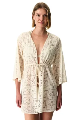 Penti Ekru Jasmine Etnik Desenli Dantelli Uzun Kollu Kimono