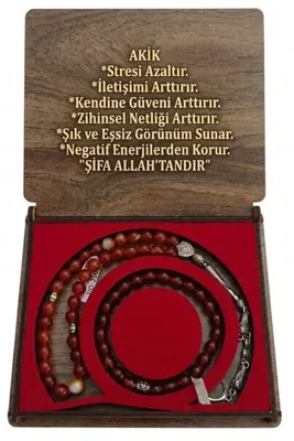 Genel Markalar Akik Doğal Taş Tesbih ve Bileklik Seti - Ahşap Kutulu - Hediyelik - Cesaret ve Nazar Taşı