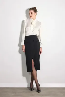 Gusto Cepli Midi Krep Lycra Etek - Siyah