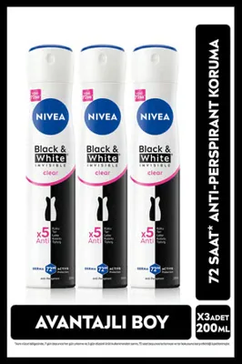 Nivea Kadın Sprey Deodorant Black & White Invisible Clear 48 Saat Anti-Perspirant Koruma 200 ml x 3 Adet