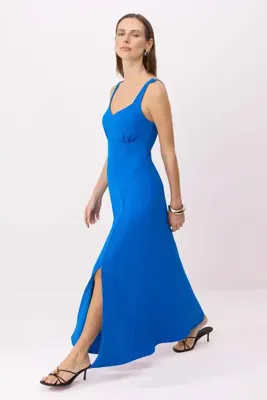 TRENDYOLMİLLA Saks A-Kesim/Çan Form Kalp Yaka Kolsuz Maxi Scuba Krep Örme Elbise TWOSS26EL00262