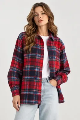 MEVESE Kadın Kışlık Kalın Oduncu Gömlek Oversize Kareli Casual Gömlek- Kırmızı-Lacivert