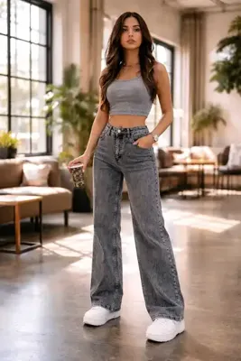Lighter Jeans Denny Antrasit Esnek Wide Leg Yüksek Bel Jean Bol Paça Rahat Kesim Denim Pantolon