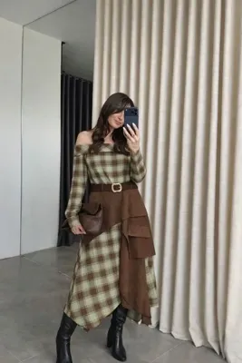 Kedi Fashion Tasarım model ekose elbise