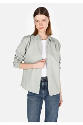 Colins Regular Fit Shirt Neck Pamuklu Cepsiz Düz Kadın Yeşil Uzun Kol Gömlek
