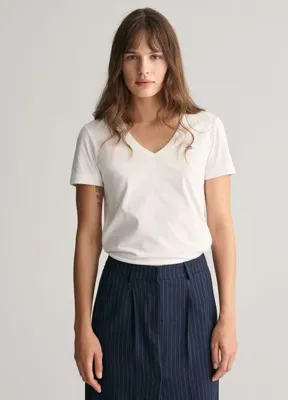 Gant Beyaz V Yaka Regular Fit Kısa Kollu Kadın T-Shirt