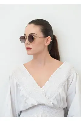 Eyemood Unisex Yuvarlak Güneş Gözlüğü Altın Rengi Çerçeve Kahverengi Degrade Cam UV Korumalı Rayne C4