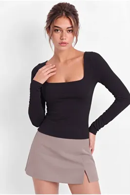 OLYNN Kadın Siyah Kare Yaka Uzun Kollu Çift Kat Premium Soft Modal Pamuk Bluz