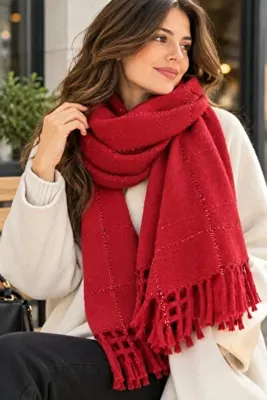 Vea Collection Kadın Kırmızı Simli Ekose Atkı – Yılbaşı Temalı Saçaklı Kışlık Şal