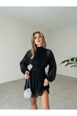 Afiş Butik Dik Yaka Şifon Mini Elbise