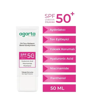 Agarta Cilt Tonu Eşitleyici Renkli Kapatıcı Etkili 50 ML Spf+50 Güneş Kremi