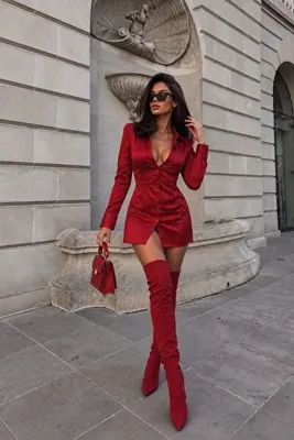 Afitapbutikmoda Arkası Korseli Saten Gömlek Elbise