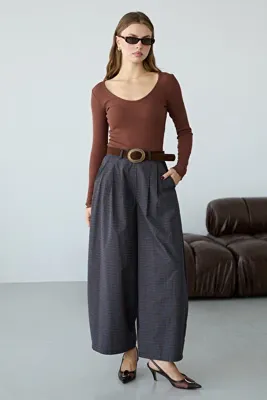 TRENDYOLMİLLA Kahverengi Ekoseli Kemerli Balon Pantolon TWOAW27PL00150