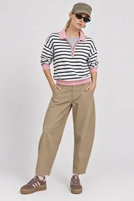 Lovelyİstanbul Çizgili Polo Yaka Oversize Triko Kazak LKİ0056 EKRU PEMBE