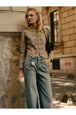 Dilvin 72039 %100 Pamuk Dökümlü Geniş Denim Pantolon-Mavi