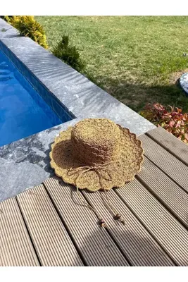 Zeynep Keskin Design Hasır Şapka , Kadın Örgü Şapka , Plaj Şapkası , Koyu Hasır, El Yapımı Örgü Şapka