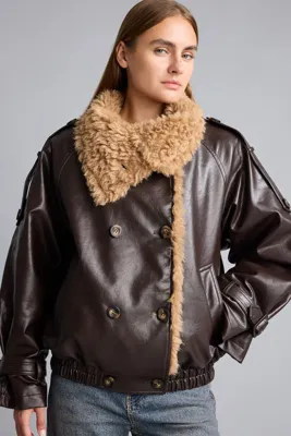 Defacto Peluş Yakalı Oversize Suni Deri Mont