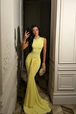 Eyyo Sarı Önü Büzgülü Uzun Elbise