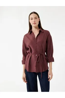 Koton Beli Bağlama Detaylı Oversize Bordo Kadın Gömlek 6WAK60017PW