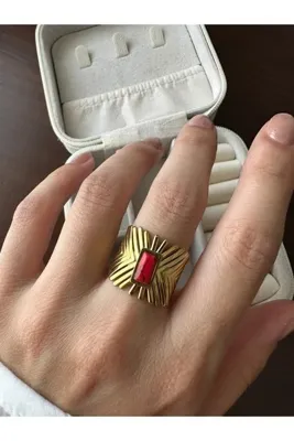 ringbox Gold Çelik Kararmaz Kılçık Kırmızı Taşlı Yüzük