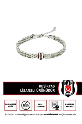 Beşiktaş Besiktas Logolu Hasır Desenli Paslanmaz Çelik Ayarlanabilir Zincir Unisex Bileklik