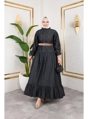 Harmatime butik Fırfır Detaylı Kemerli Kot Elbise Siyah