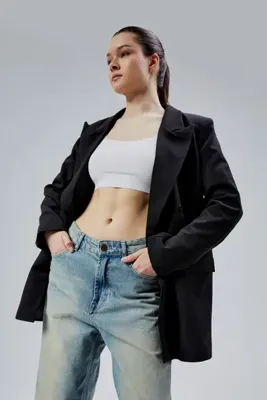 Bolivente Siyah Regular Astarlı Kruvaze Kapama Dokuma Oversize Blazer Ceket