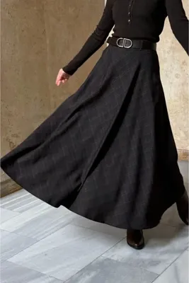 fayaboutique.com Acı Kahve İnce Ekoseli Nena Kloş Etek