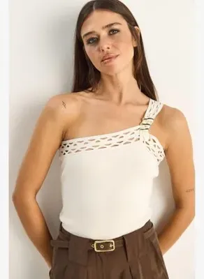 Shade Kadın Tek Omuz Örgü Detaylı Esnek Triko Bluz 2695 60286176 - Bej