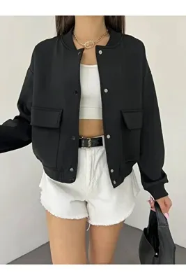X24MODA Palazzo Dalgıç Kumaş Çift Cepli Bomber Ceket